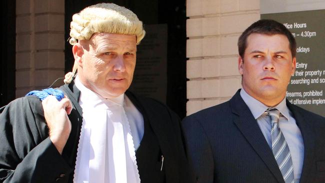 Danny Wicks with his barrister Andrew Bright leave the NSW District Court in Newcastle.