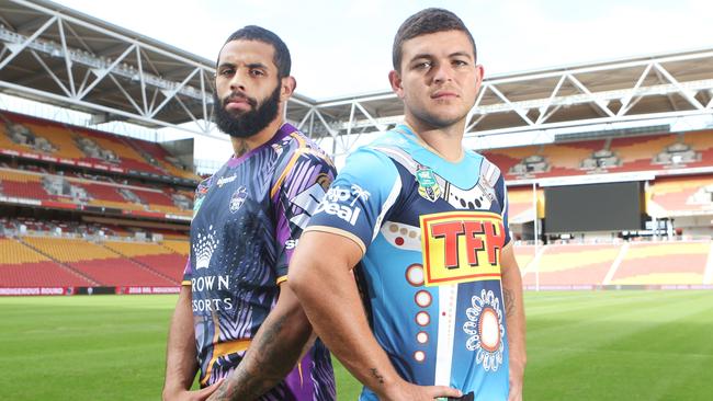 Storm’s Josh Addo-Carr and Ash Taylor of the Titans launch the NRL’s Indigenous Round. Photo: AAP