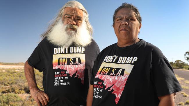 Harry and Linda Dare pose for pictures near the proposed nuclear waste dump site at Kimba. Picture: Dean Martin