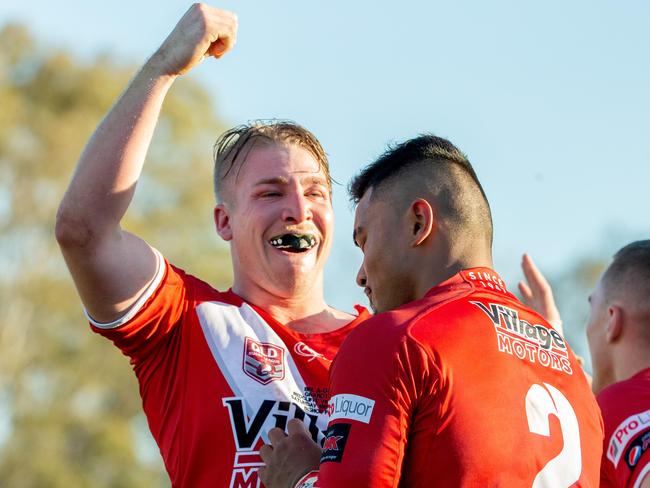 William Partridge celebrates a try in the BRL Grand Final between Wynnum and Redcliffe at Bishop Park, Nundah, Saturday, September 15, 2018 (AAP Image/Richard Walker)