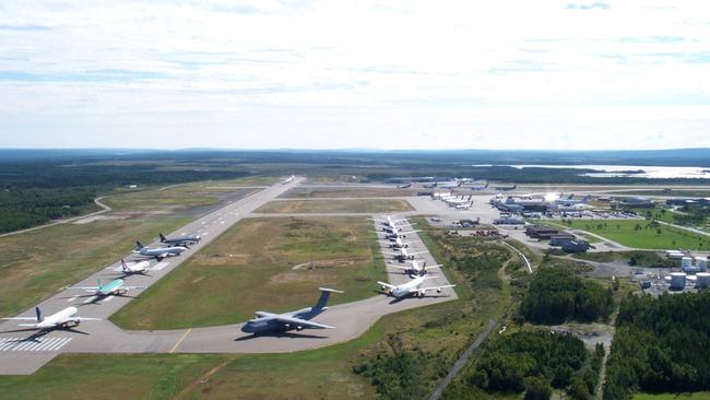 Planes on the tarmac at Gander airport in Newfoundland Canada on September 11, 2001.