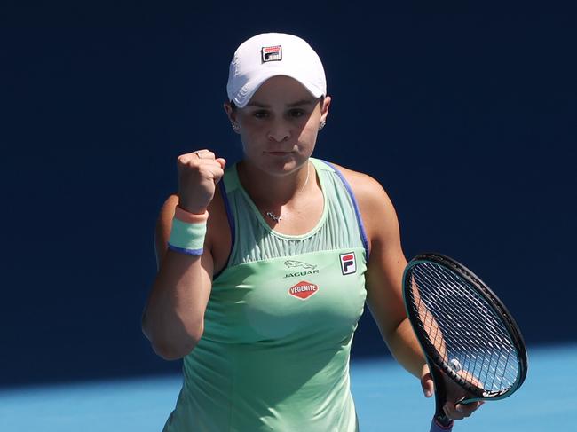 Australian Open Day 9 . 28/01/2020.  Ash Barty vs Petra Kvitova on Rod Laver Arena.   Ash Barty celebrates winning in straight sets   . Pic: Michael Klein