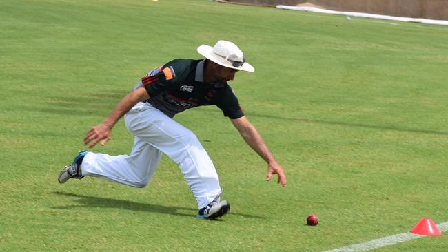 Taking a dive on the white line in the Mackay Cricket 3rd Grade one day shield semi-finals Pinnacle v Walkerston, Saturday, March 19, 2022. Picture: Tara Miko