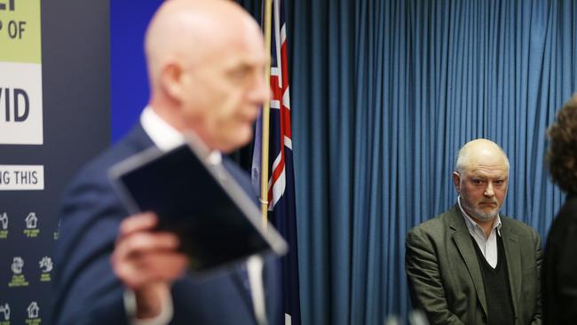 Director of Public Health Dr Mark Veitch looks on as Premier Peter Gutwein addresses the media during the Tasmanian Government COVID-19 update. Picture: Zak Simmonds