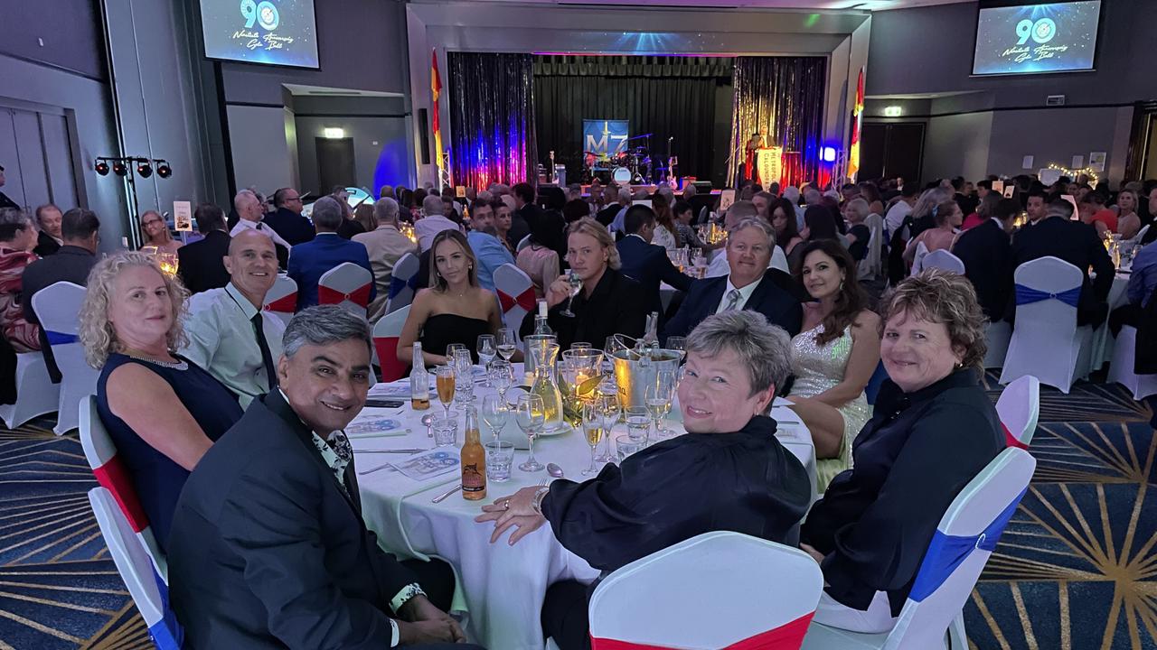 Marcel Creed, Susan Edward, Grant Edward, Britney Meninga, Jake Lockyer, Troy Lockyer, Julie Lockyer, Robyn Edward, and Kim McCloy, at the Metropolitan Caloundra Surf Life Saving Club 90th Anniversary Gala Ball.