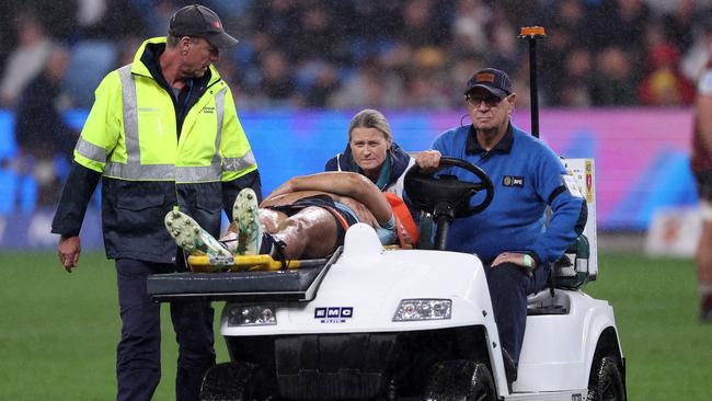 Joseph-Aukuso Suaalii of the NSW Waratahs is taken off the field injured . (Photo by Matt King/Getty Images)