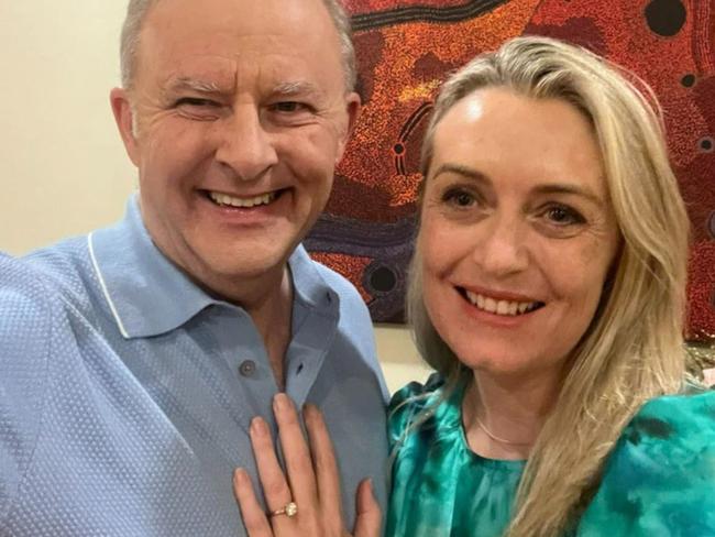 The pair shared a smiling photo of their happy news the morning after Albanese’s Valentines Day proposal. Picture: X