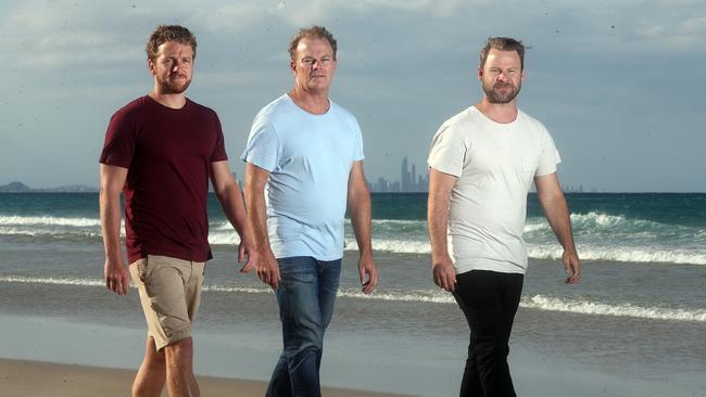 Filmmaker Jason Markland (centre) with Josh Martin (right), the brother of Fingal drowning victim Ryan Martin, and actor Ash Witty. Photo: Richard Gosling