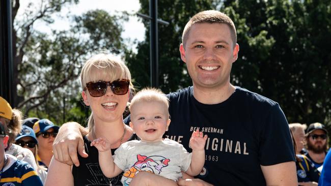 Chantel, Kingston and Aaron Evans were one of the first in line at the first NRL match at Bankwest Stadium. Picture: AAP Image/Monique Harmer