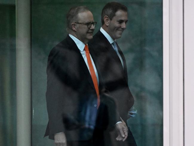 The PM and Treasurer at Parliament House, Canberra on Wednesday. Picture: Tracey Nearmy/Getty Images