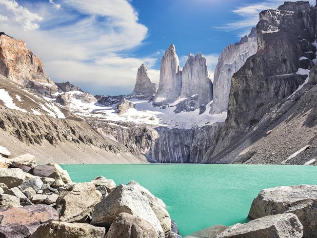 The lake at the base of the Towers, Torres del Paine National Park, Patagonia, Chile.