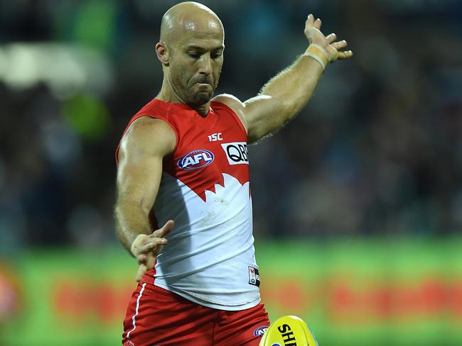 Jarrad McVeigh of the Swans is seen in action during the Round 20 AFL match between the Geelong Cats and the Sydney Swans at Simonds Stadium in Geelong, Friday, August 4, 2017. (AAP Image/Julian Smith) NO ARCHIVING, EDITORIAL USE ONLY