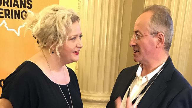 Health Minister Jill Hennessy with euthanasia advocate Andrew Denton. Picture: AAP