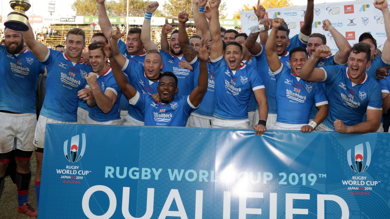 Namibia celebrate at Hage Geingob Rugby Stadium in Windhoek.