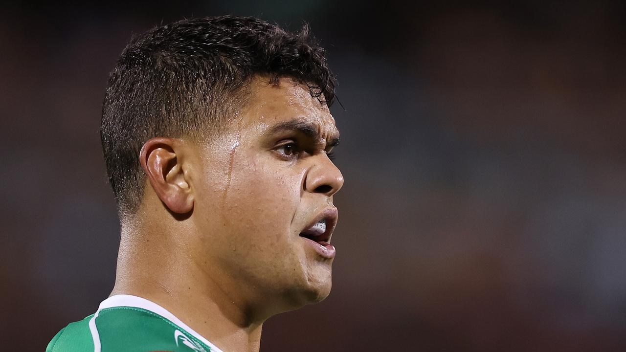 PENRITH, AUSTRALIA - MARCH 09: Latrell Mitchell of the Rabbitohs looks on during the round two NRL match between the Penrith Panthers and the South Sydney Rabbitohs at BlueBet Stadium on March 09, 2023 in Penrith, Australia. (Photo by Cameron Spencer/Getty Images)