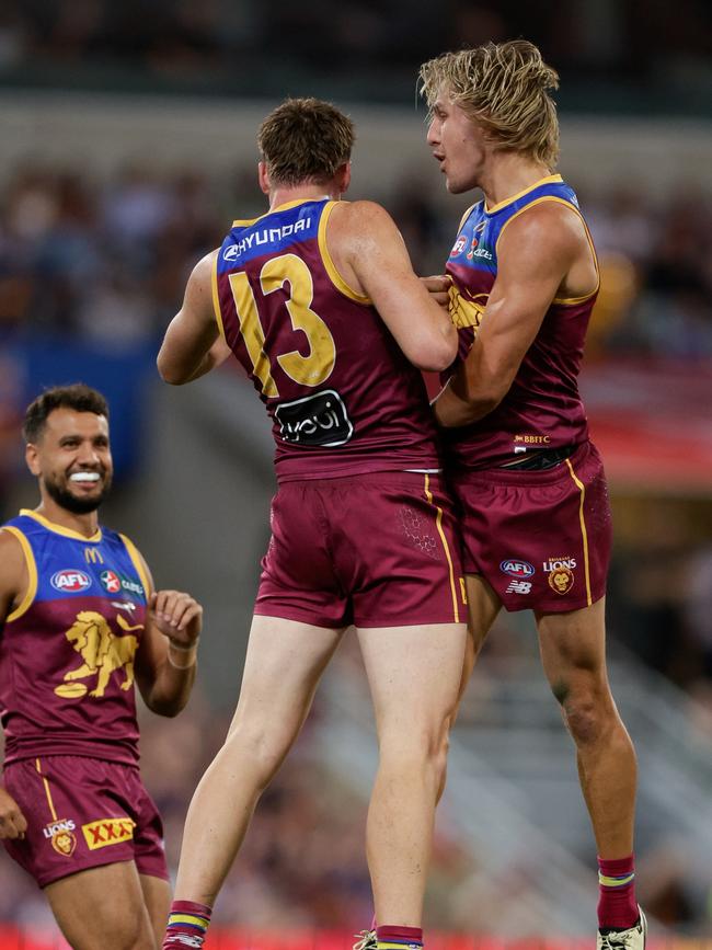 BRISBANE, AUSTRALIA – SEPTEMBER 07: Logan Morris of the Lions celebrates a goal during the 2024 AFL First Elimination Final match between the Brisbane Lions and the Carlton Blues at The Gabba on September 07, 2024 in Brisbane, Australia. (Photo by Russell Freeman/AFL Photos via Getty Images)