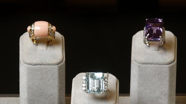 L to R: Coral and diamond Ring by Tony White, aquamarine and diamond cocktail and amethyst and diamond cocktail ring. Picture: John Appleyard