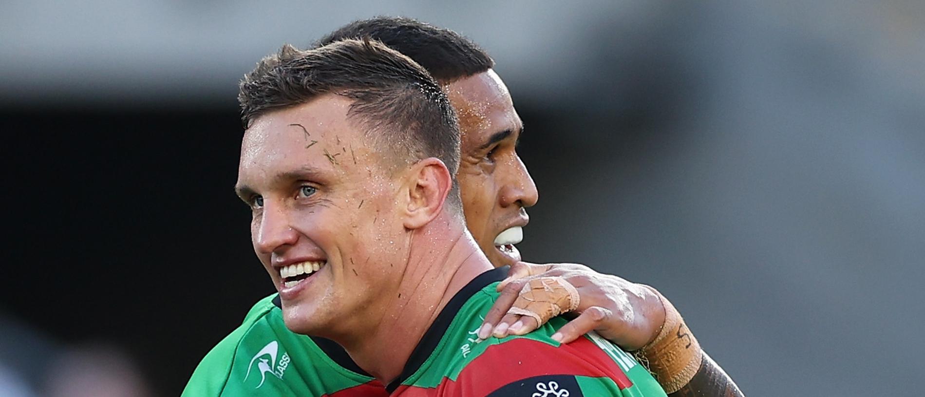 SYDNEY, AUSTRALIA - MARCH 29: Jack Wighton of the Rabbitohs and Michael Chee Kam of the Rabbitohs celebrate winning the round four NRL match between South Sydney Rabbitohs and Canterbury Bulldogs at Accor Stadium, on March 29, 2024, in Sydney, Australia. (Photo by Cameron Spencer/Getty Images)