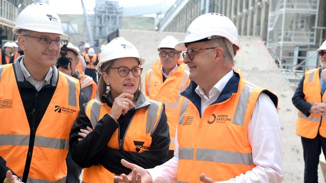 Anthony Albanese, Victorian Premier Jacinta Allan and Transport Infrastructure Minister Danny Pearson visit the North East Link construction site at Watsonia. Picture: Andrew Henshaw/NCA NewsWire