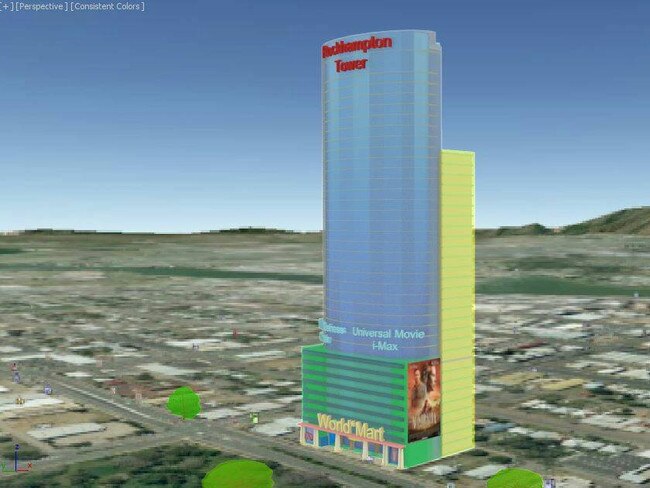 3D images of the 36-storey "Rockhampton Tower" to be built on the site of The Plaza Hotel on George St.