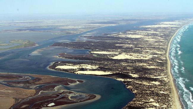 An aerial view of the wetlands near the mouth of the Murray River at the Coorong.