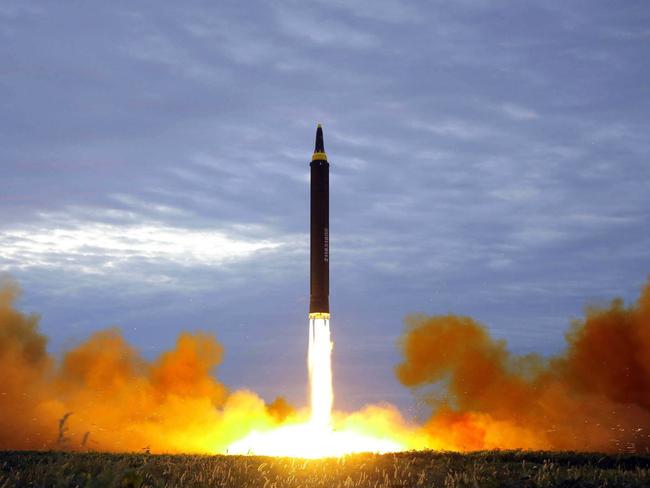 The North Korean government shows what was said to be the test launch of a Hwasong-12 intermediate range missile in Pyongyang. Picture: Korean Central News Agency/Korea News Service via AP