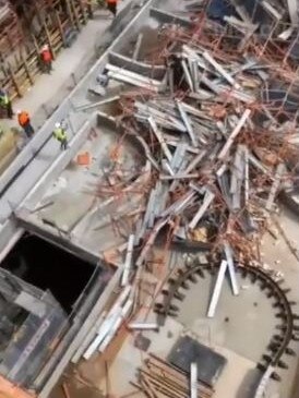 Mobile phone vision from the scene shows the extent of the collapsed scaffolding. Picture: Nine News 