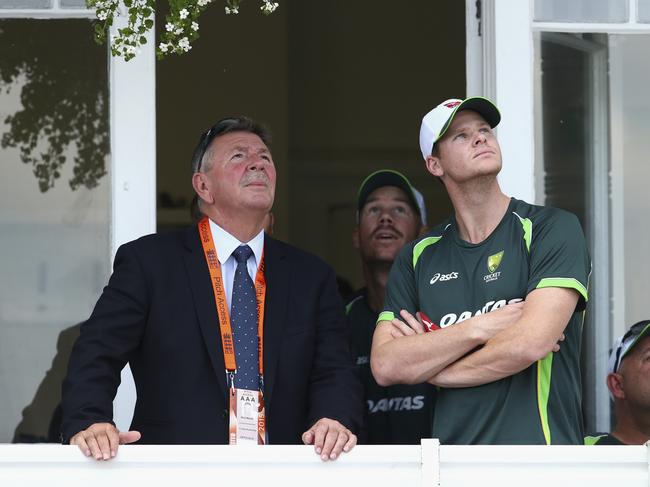 Australian Chairman of Selectors Rod Marsh, David Warner and Steve Smith at the Ashes Test match between England and Australia in 2015. Picture: Ryan Pierse/Getty Images