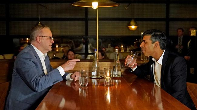 Anthony Albanese, left, and British Prime Minister Rishi Sunak in the Lionfish seafood restaurant in San Diego, California, on Monday. Picture: PA