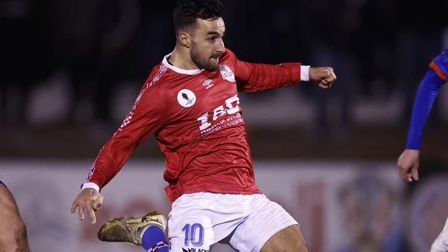 MELBOURNE, AUSTRALIA - AUGUST 10: Gian Albano of the Knights kicks a goal during the round of 32 2023 Australia Cup match between Melbourne Knights FC and Lions FC at Knights Stadium, on August 10, 2023 in Melbourne, Australia. (Photo by Daniel Pockett/Getty Images)