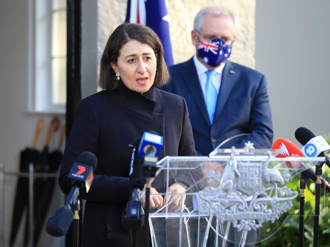 NSW Premier Gladys Berejiklian and Prime Minister Scott Morrison announce the relief package in Sydney on Tuesday. Picture: NCA NewsWire/Christian Gilles