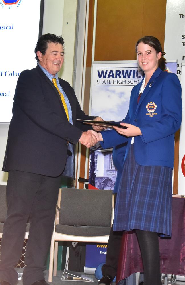 Southern Downs councillor Marco Gliori and Warwick State High School school captain Sophie Kuhn at their 2023 awards night. Photo: Contributed