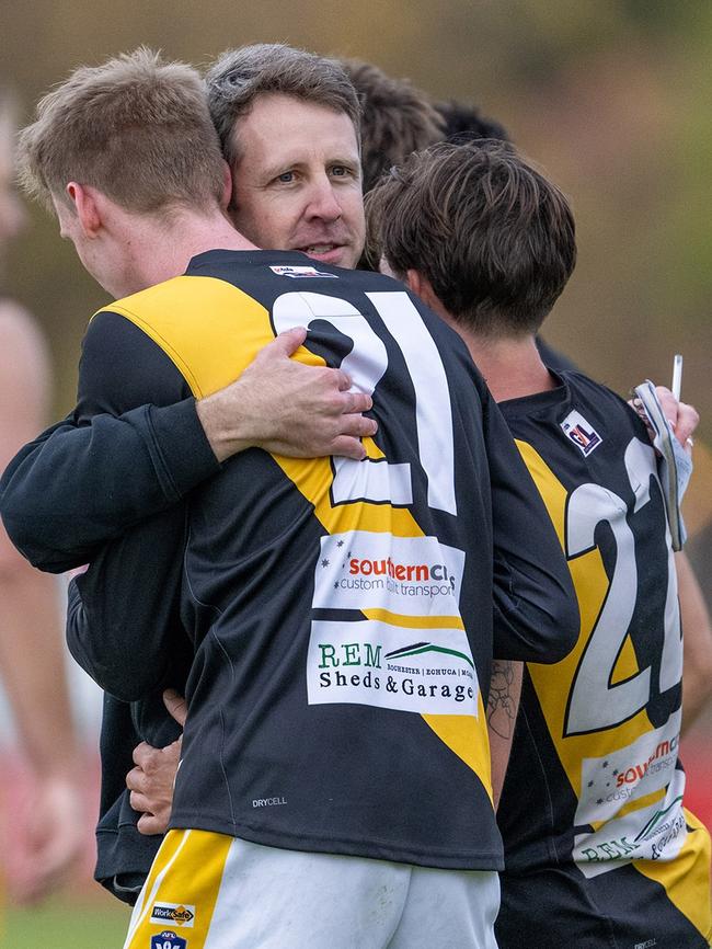 Rochester coach Ash Watson and players, Ryan O’Keefe and Bailey Wileman, after the club's win against arch rival Echuca earlier this season. Picture: Bruce Povey