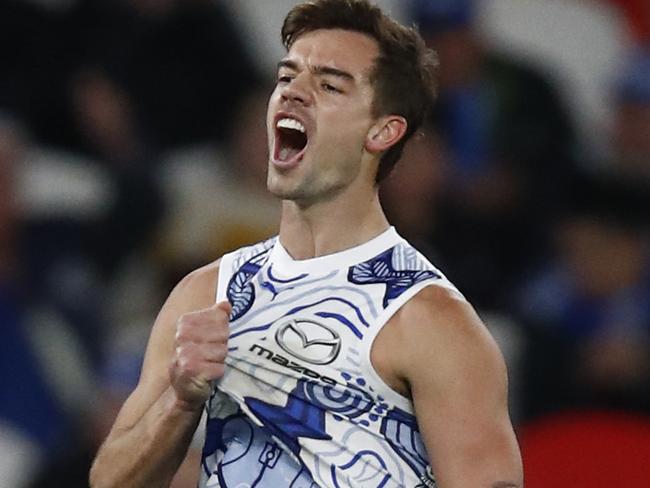 MELBOURNE, AUSTRALIA - MAY 20: Jy Simpkin of the Kangaroos celebrates a goal during the round 10 AFL match between North Melbourne Kangaroos and Sydney Swans at Marvel Stadium, on May 20, 2023, in Melbourne, Australia. (Photo by Darrian Traynor/AFL Photos/via Getty Images )