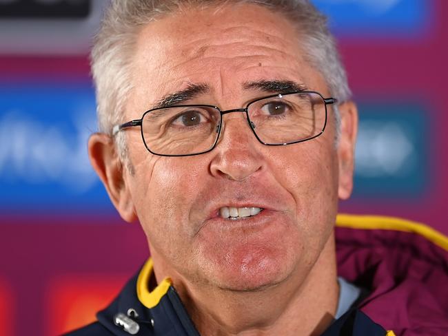 BRISBANE, AUSTRALIA - JUNE 08: Brisbane Lions head coach Chris Fagan speaks to the media before a Brisbane Lions AFL training session at Brighton Homes Arena on June 08, 2023 in Brisbane, Australia. (Photo by Albert Perez/Getty Images)