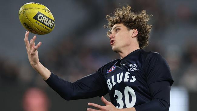 Billy Frampton and Darcy Moore had the better of Charlie Curnow. Picture: Daniel Pockett/Getty Images