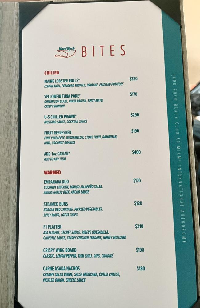 A menu has revealed the premium prices guests were forking out for food at Hard Rock’s Beach Club Deck at the Miami Grand Prix. Picture: X / ryanellisracing