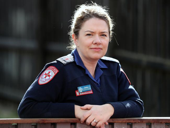 Paramedic and mum Shelly Brown was punched in the face in the back of her ambulance by a drunk woman. Picture: Alex Coppel