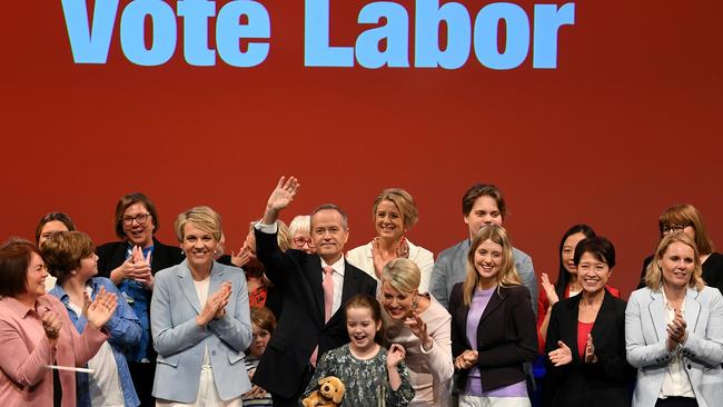 Mr Shorten surrounded by family and candidates. 