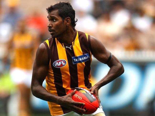 MELBOURNE, AUSTRALIA - MARCH 27:  Carl Peterson of the Hawks looks for a teammate during the round one AFL match between the Melbourne Demons and the Hawthorn Hawks at Melbourne Cricket Ground on March 27, 2010 in Melbourne, Australia.  (Photo by Mark Dadswell/Getty Images)