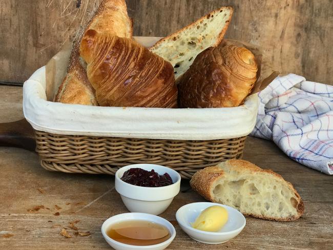 Fresh baked baguette and croissants at Textbook Boulangerie Patisserie.