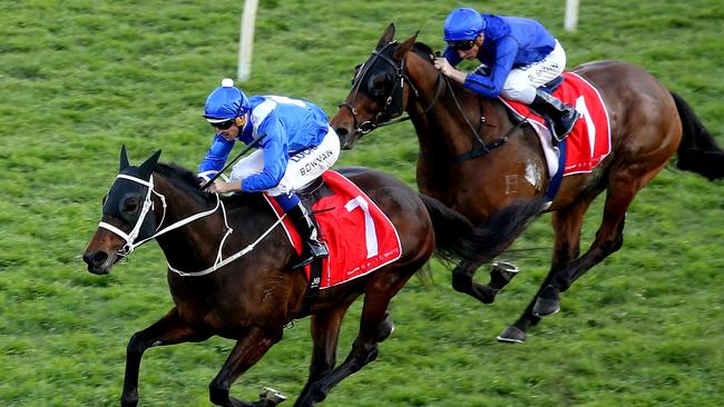 Pictured is Champion mare Winx, ridden by jockey Hugh Bowman, during her 20th straight race win at Royal Randwick Racecourse today. Picture: Tim Hunter.