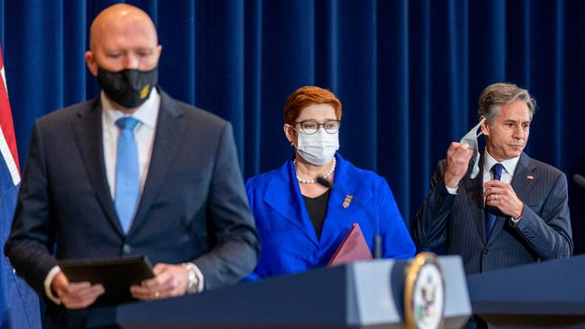 Defence Minister Peter Dutton, Foreign Minister Marise Payne and US Secretary of State Antony Blinken in Washington. Picture: AFP