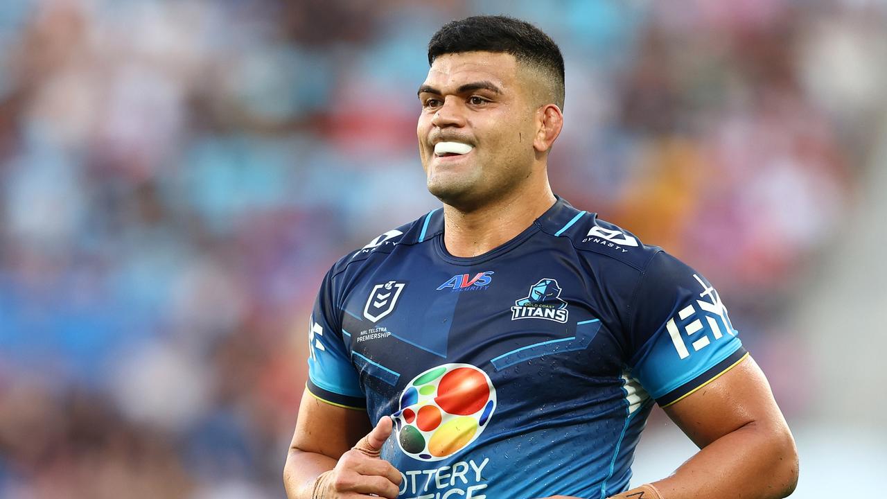David Fifita of the Titans looks on during the round five NRL match between Gold Coast Titans and Dolphins at Cbus Super Stadium, on April 05, 2025, in Gold Coast, Australia. (Photo by Chris Hyde/Getty Images)