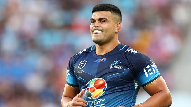 David Fifita of the Titans looks on during the round five NRL match between Gold Coast Titans and Dolphins at Cbus Super Stadium, on April 05, 2025, in Gold Coast, Australia. (Photo by Chris Hyde/Getty Images)