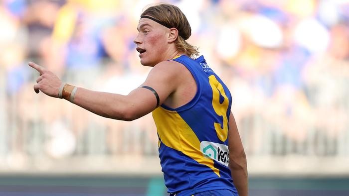 PERTH, AUSTRALIA - APRIL 14: Harley Reid of the Eagles looks on during the 2024 AFL Round 05 match between the West Coast Eagles and the Richmond Tigers at Optus Stadium on April 14, 2024 in Perth, Australia. (Photo by Will Russell/AFL Photos via Getty Images)