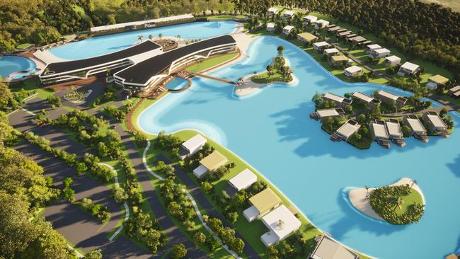 An artist’s impression of the $317m NorthBreak Port Douglas surf park and resort, to be built south of the Mowbray River Bridge in Port Douglas. Image: Hunt Design.