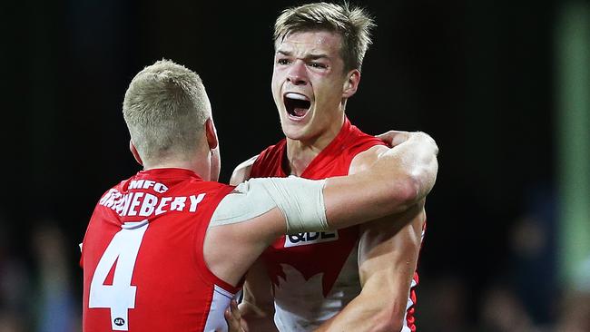 Sydney Swans' Brandon Jack celebrates a goal with Sydney Swans' Dan Hannebery during AFL match Sydney Swans v Fremantle Dockers at the SCG. AFLr514 pic. Phil Hillyard