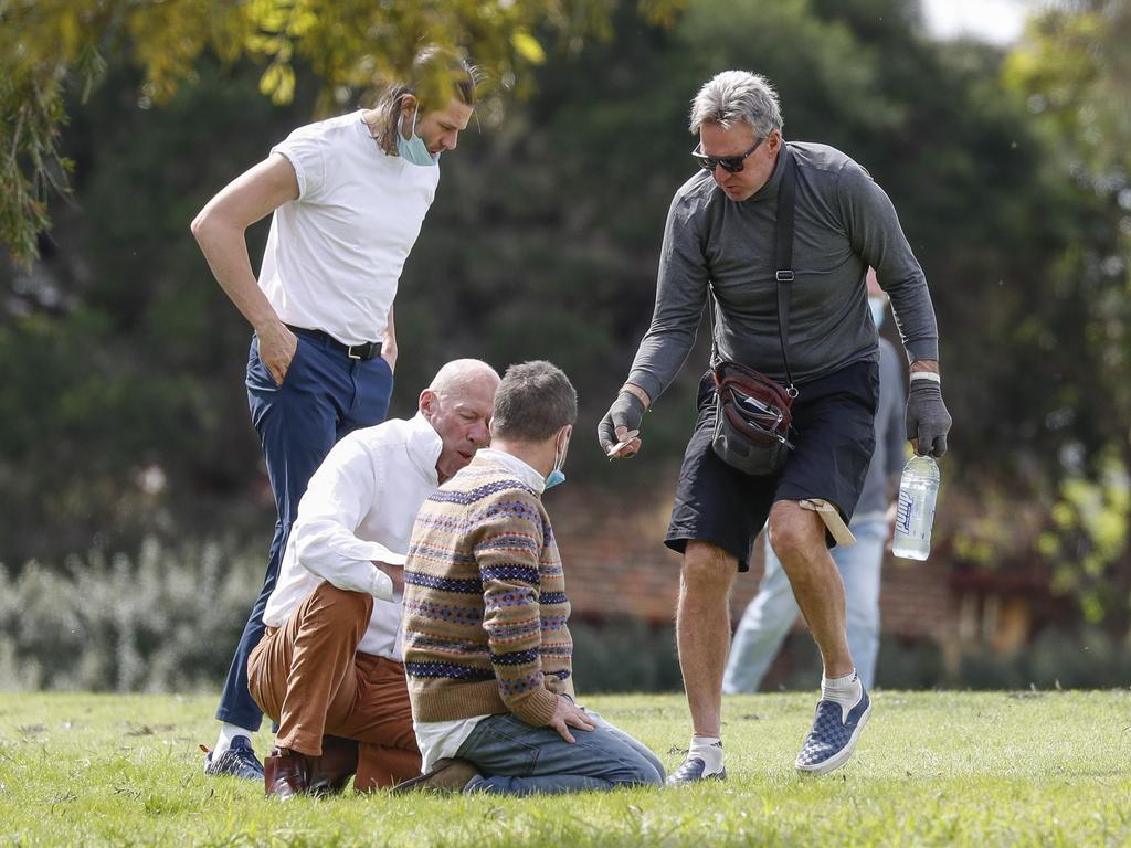 Docklands resident Sam Newman was spotted in Brighton having lunch in a park with friends. Picture: MEDIA-MODE.COM