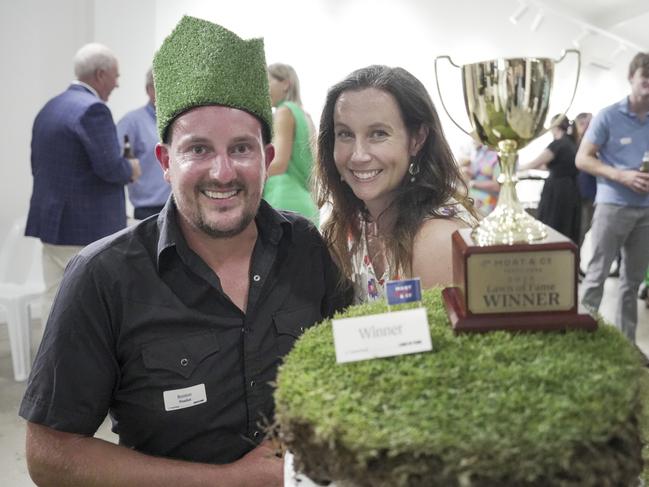 Winning lawn king Brenton Rouhan with wife Kiri at the Mort and Co Lawn of Fame award night at The Lighthouse Toowoomba on January 31, 2025.